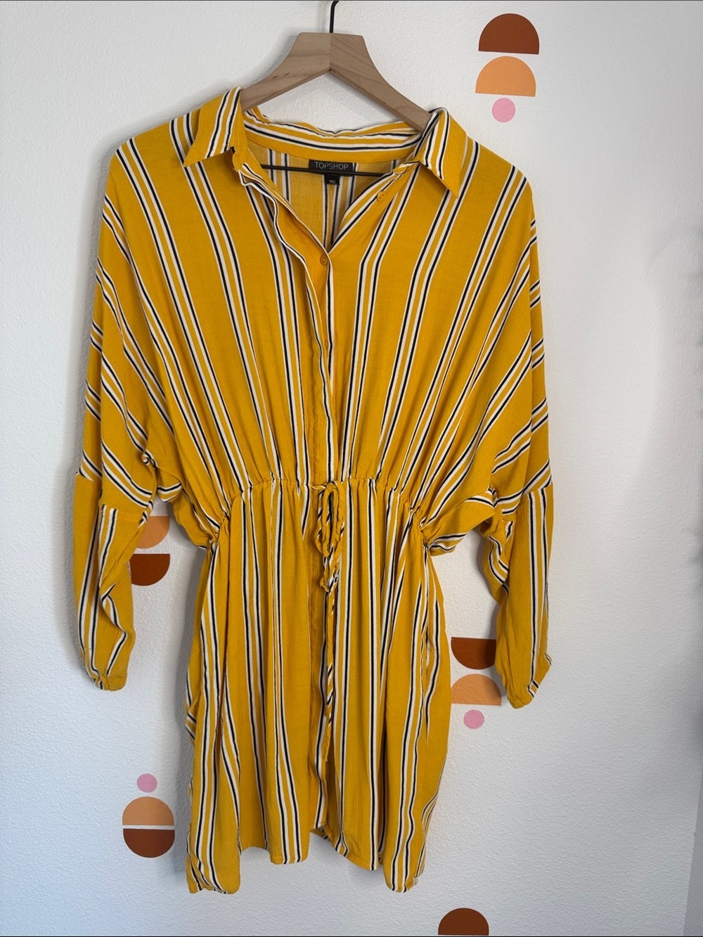 Topshop Mustard Yellow Striped Tie Waist Shirt Dress Size US 8 N0192